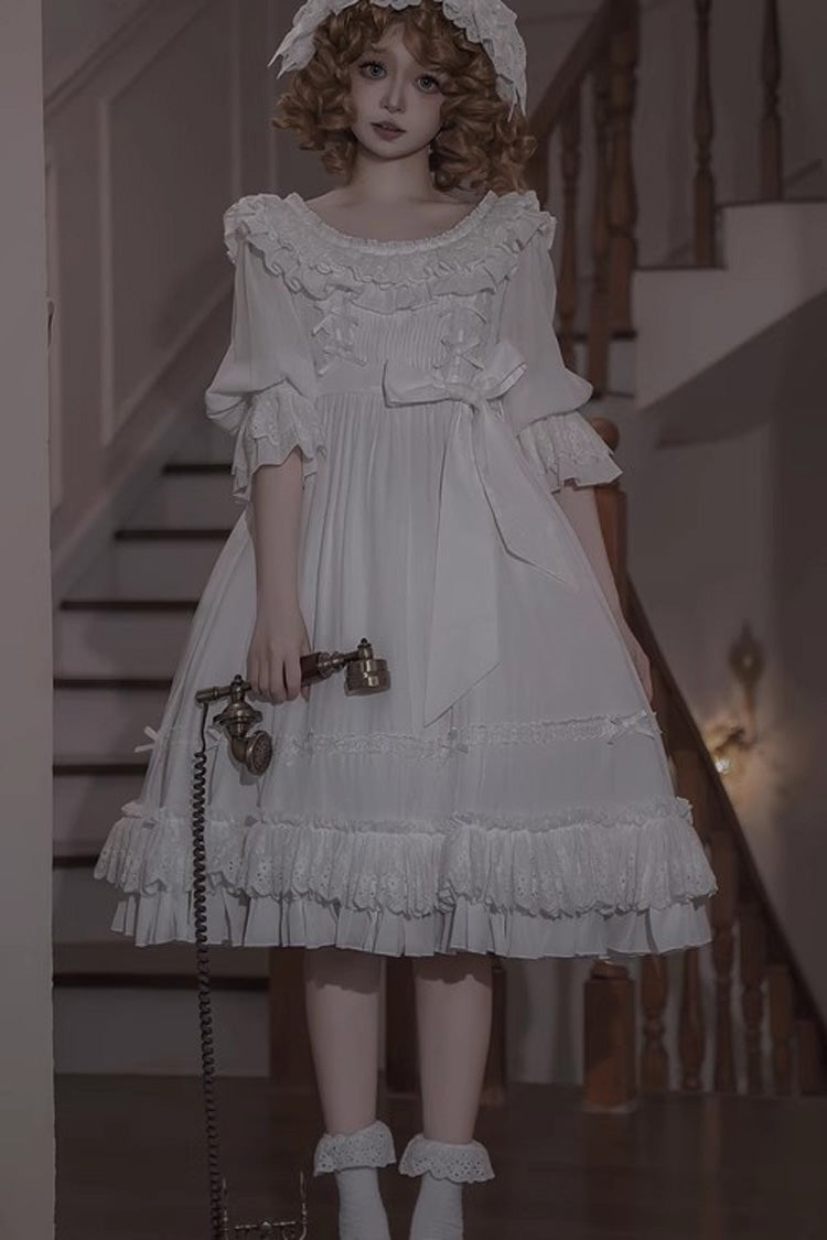 White Good Morning Short Sleeves Ruffle Bowknot Lace-Up Gothic Lolita Dress