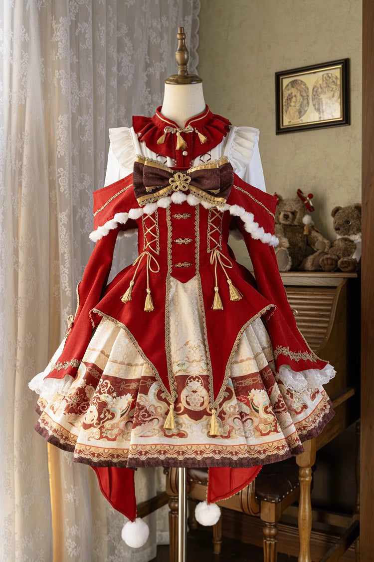 Red New Year Print Ruffle Bowknot Lace-Up Sweet Chinese Style Lolita Jsk Dress