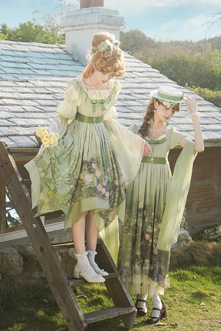 Green Blooming Roses Print Oil Painting Chiffon Ruffle Bowknot Irregular Sweet Lolita Jsk Dress