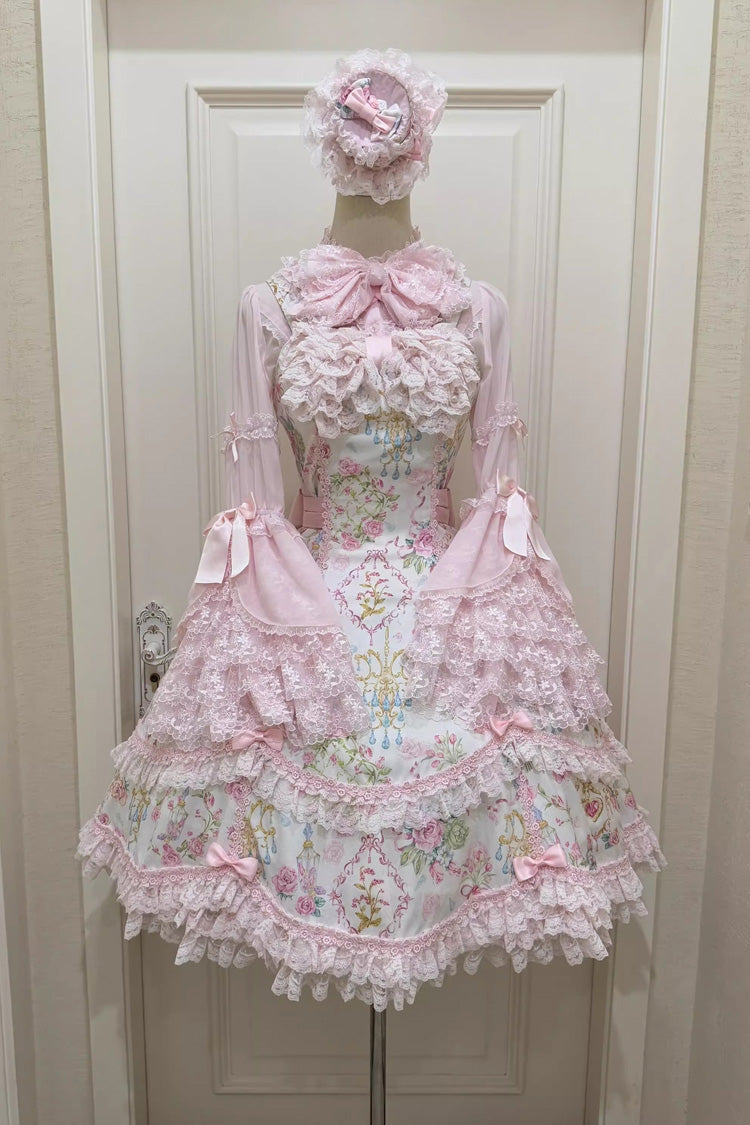 White/Pink Sleeveless Flower Wall Print Ruffle Bowknot Lace Sweet Lolita Jsk Dress