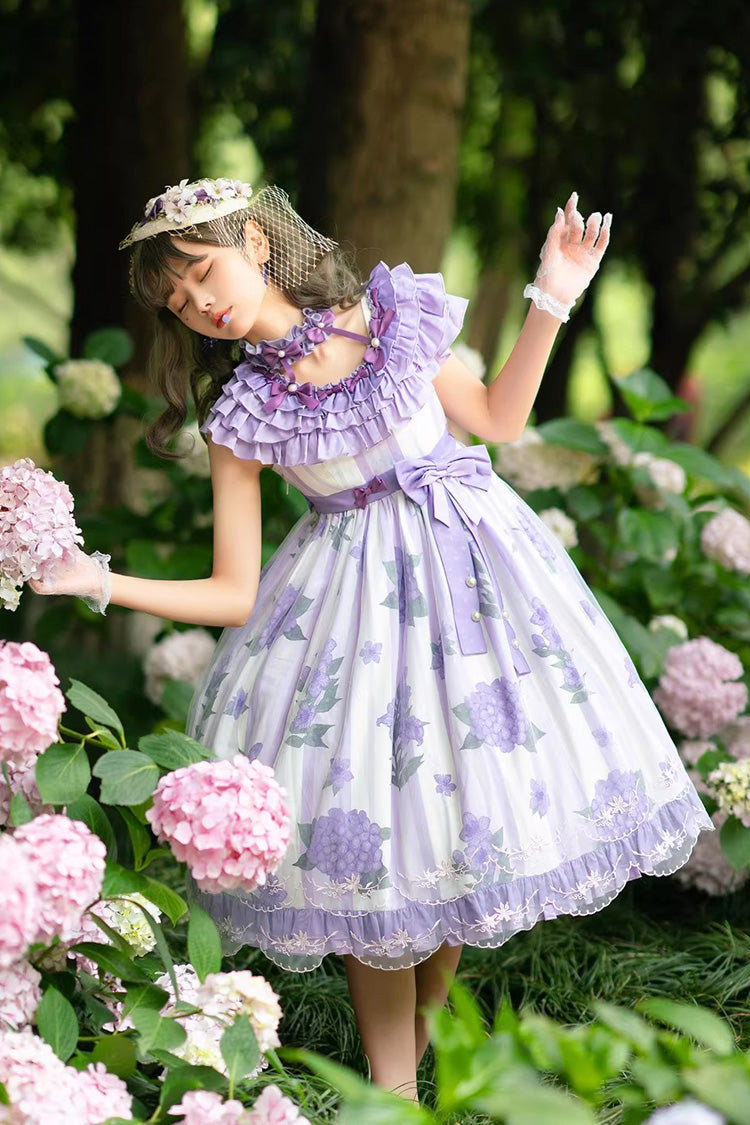 Purple Endless Summer Round Collar Sleeveless Hime Sleeves Printed Ruffled Bow Lace Sweet Lolita Dress