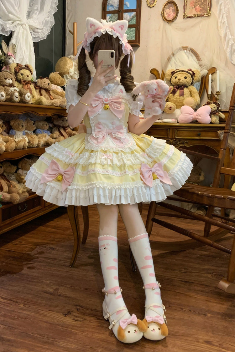 Yellow Meowling Sweet Maid Sleeveless Multi-Layered Ruffle Bowknot Lace Sweet Princess Lolita Jsk Dress