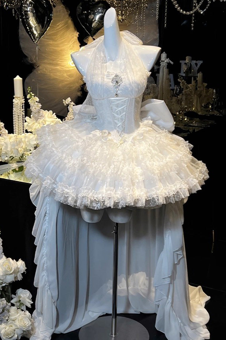 White Dream Halterneck Sleeveless Triple-Layered Ruffle Hanayome Lace Lace-Up Sweet Princess Lolita Dress