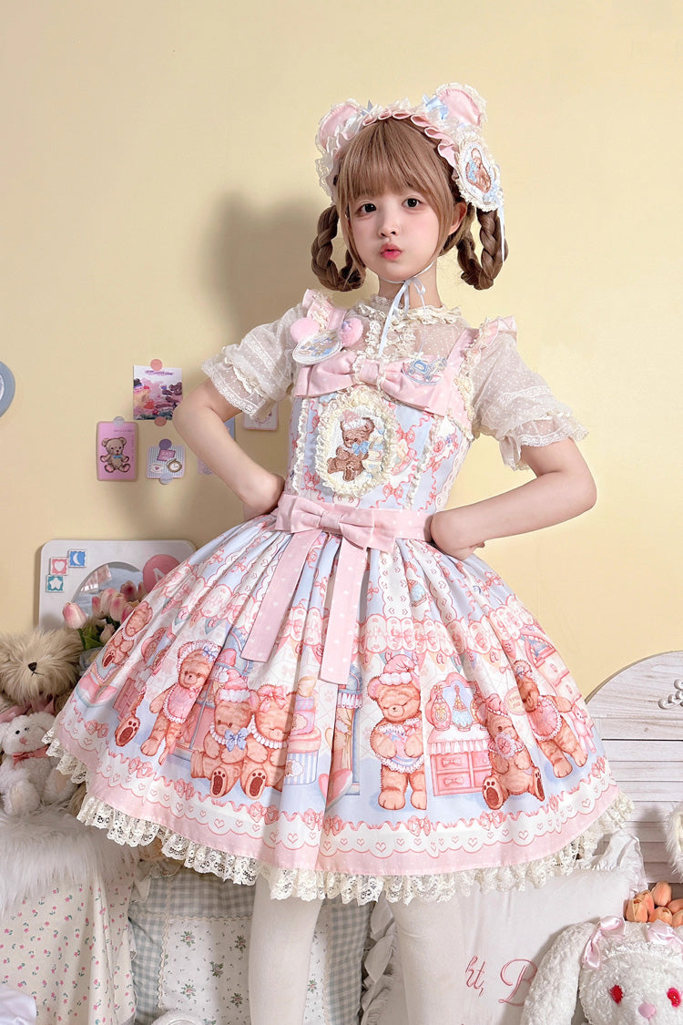 Bear Anniversary Celebration Sleeveless Printed Ruffled Bow Sweet Lolita Strap Dress 2 Colors