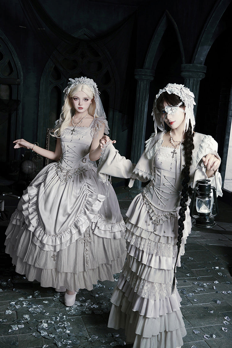 Solid Color Bionic Doll Square Collar Multi-Layered Ruffle Bowknot Lace-Up Gothic Lolita Long Skirt Corset Set