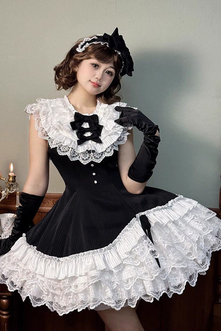 Black/White Miss Tsundere Sleeveless Multi-Layered Ruffle Bowknot Lace Asymmetric Sweet Princess Lolita Dress