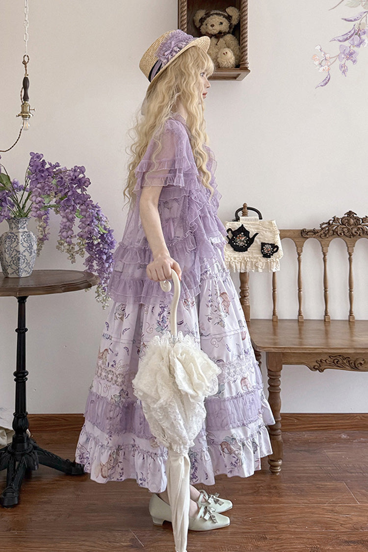 Purple Pea Squirrel Sleeveless Multi-Layered Pastoral Print Ruffle Embroidery Lace Sweet Elegant Lolita Jsk Dress