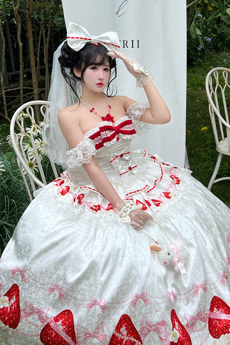 White True Love Strawberry Print Off Shoulder Sleeveless Ruffle Bowknot Lace Sweet Princess Lolita Dress Set