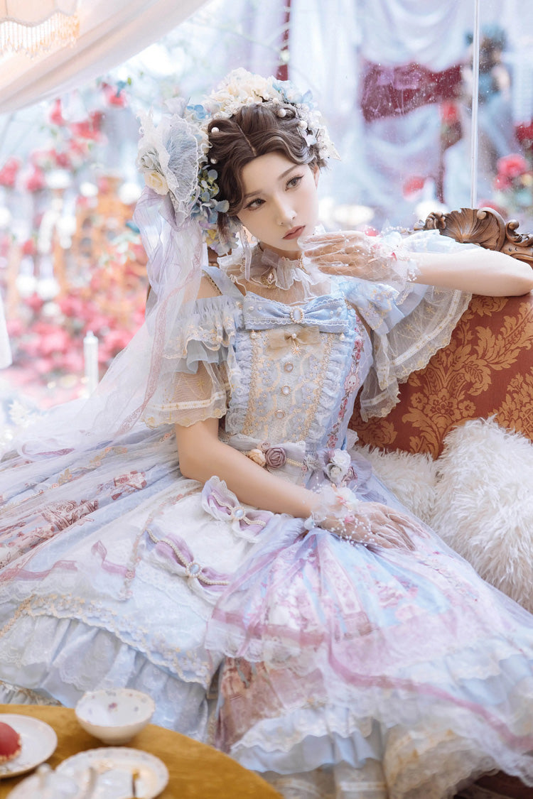 Blue Moonlight Melody Off Shoulder Sleeveless Multi-Layered Hanayome Open-Front Bow Lace Sweet Gorgeous Lolita Jsk Dress Set
