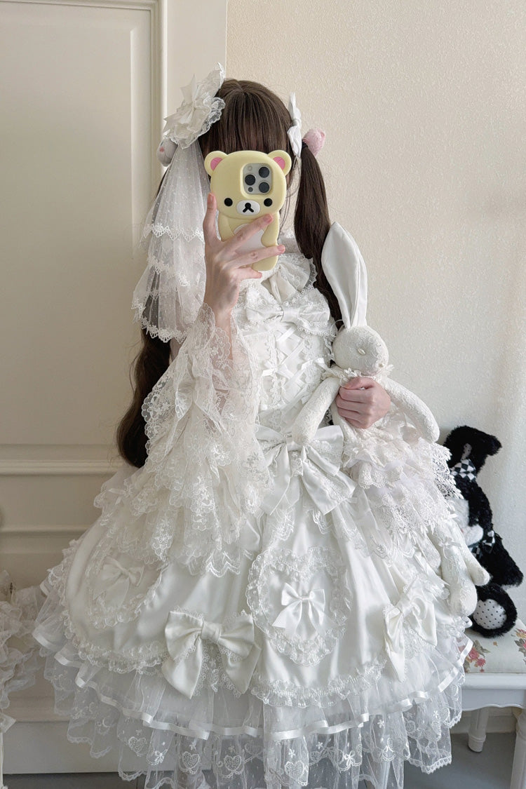 White Sweetheart Sleeveless Multi-Layered Embroidered Bow Lace Lace-Up Sweet Lolita Jsk Dress