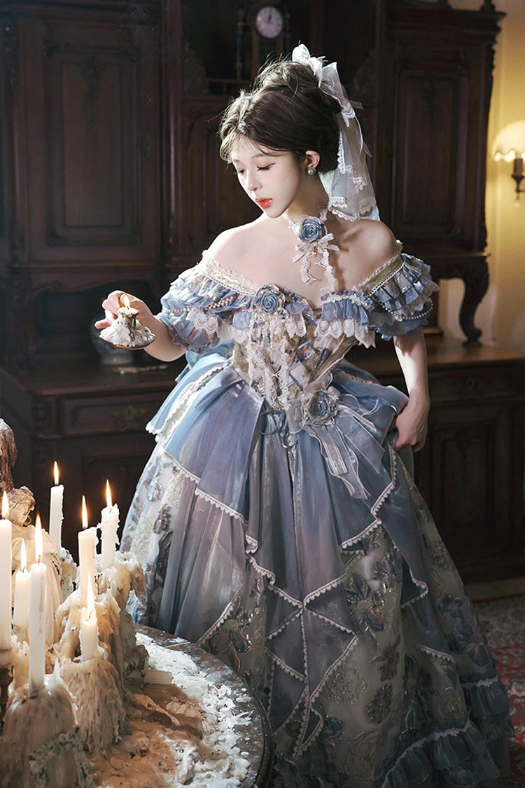 Blue Jacaranda Off Shoulder Short Sleeves Printed Ruffled Embroidered Bow Lace-Up Sweet Elegant Princess Lolita Dress