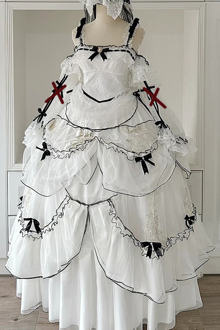 White Cascade Poem Sleeveless Multi-Layered Ruffle Hanayome Bowknot Lace Gothic Plus Size Gorgeous Lolita Jsk Long Dress