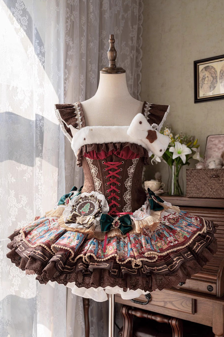 Brown Candy House Multi-Layered Print Ruffle Bowknot Lace-Up Sweet Ballet Lolita Jsk Dress