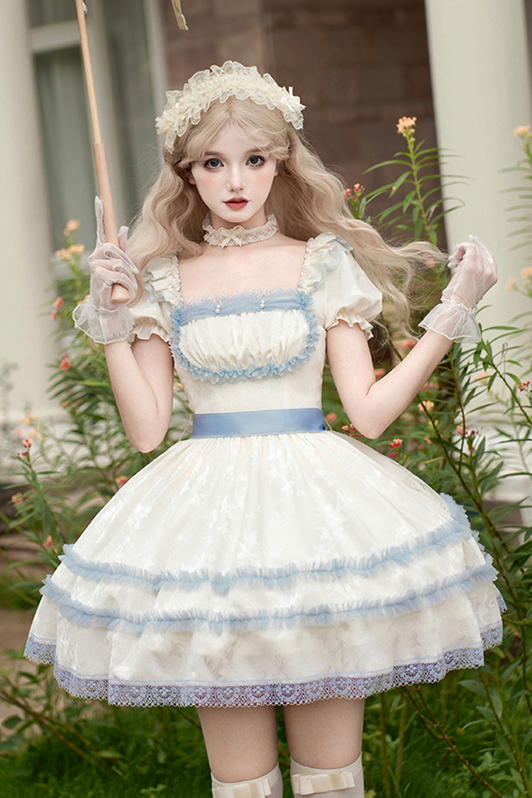 Ivory Sea Salt Iced Tea Square Collar Short Sleeves Ruffle Fishbone Sweet Lolita Short Dress