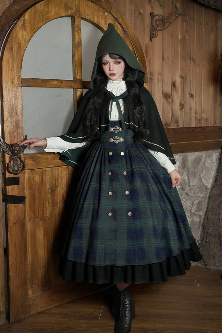 Blue/Green Berlin's letter Double-Layered Plaid Print Ruffle Bowknot Classic College Style Lolita Strap Dress Set 2 Versions
