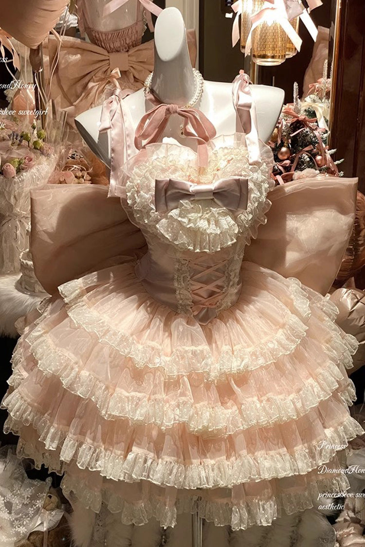 Pink Multi-Layered Ruffle Bowknot Lace Sweet Princess Lolita Jsk Dress