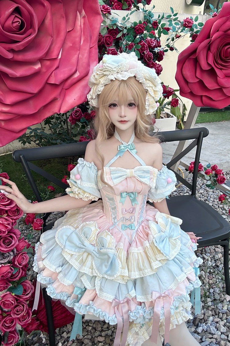 Multi-Color Ribbon Dance Multi-Layered Ruffle Bowknot Lace-Up Sweet Princess Lolita Dress