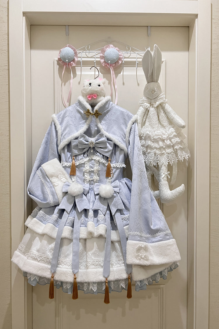 Blue Snow Rabbit Long Sleeves Ruffle Bowknot Fake Two Pieces Sweet Lolita Dress