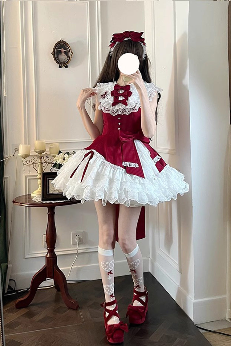Red Miss Tsundere Sleeveless Multi-Layered Ruffle Bowknot Lace Asymmetric Sweet Princess Lolita Dress