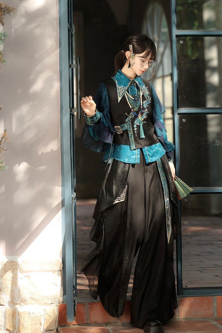 Black/Green Round Collar Long Sleeves Ruffle Embroidery Chinese Style Vintage Handsome Ouji Lolita Set