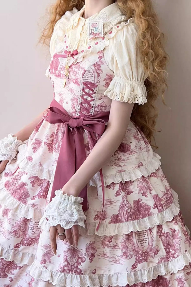 Rose Red Grape Moon Almanac Sleeveless Multi-Layered Printed Ruffled Bow Adjustable-Length Sweet Lolita Jsk Dress
