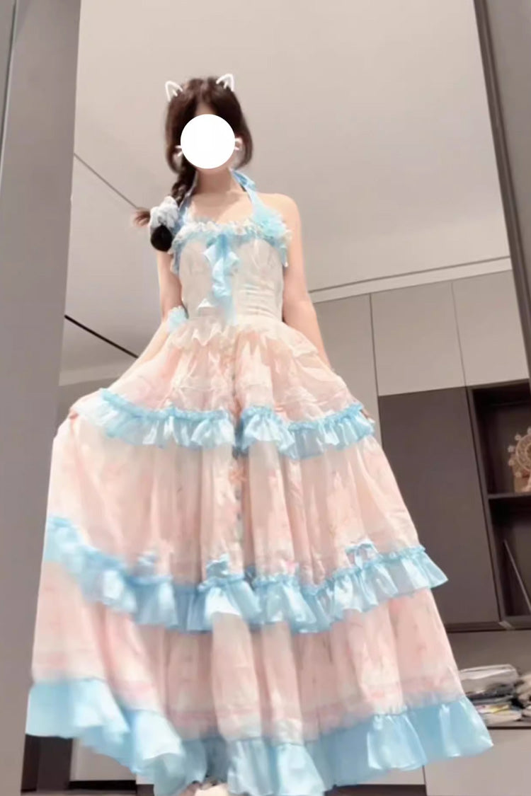 Blue/Pink Meet the Sea Triple-Layered Print Backless Ruffle Sweet Lolita Dress