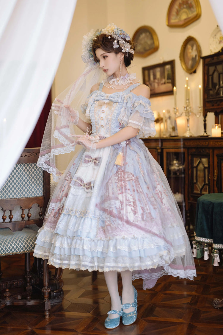 Blue Moonlight Melody Off Shoulder Sleeveless Multi-Layered Hanayome Open-Front Bow Lace Sweet Gorgeous Lolita Jsk Dress Set