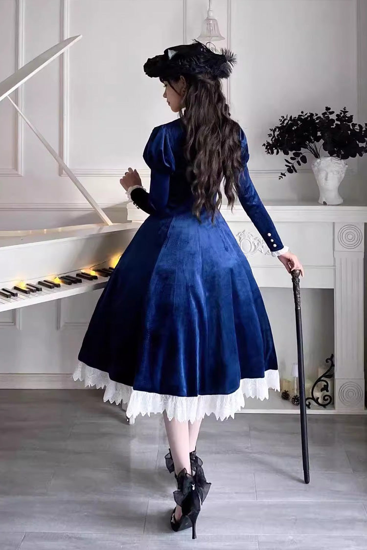 Vintage Lapel Collar Long Sleeves Ruffle Bowknot Elegant Lolita Dress 3 Colors