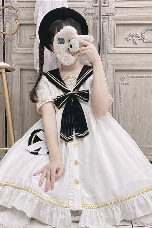 Chest Cross Striped Short Sleeve Gothic Lolita Dress