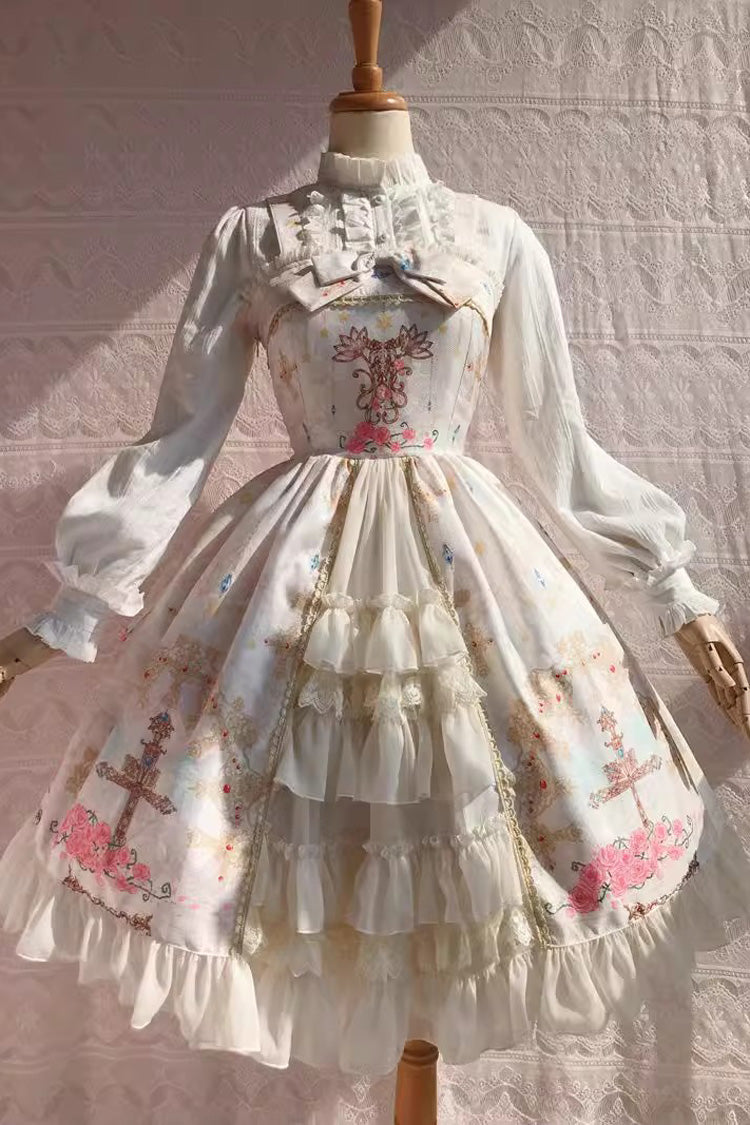 Peacock Cross Print Ruffle Cardigan Bowknot Sweet Lolita Jsk Dress 4 Colors