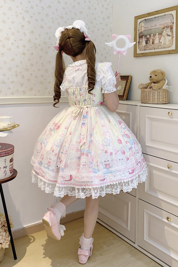 Yellow Cute Rabbit Sweet Cake Print Ruffle Bowknot Lace Sweet Lolita Jsk Dress