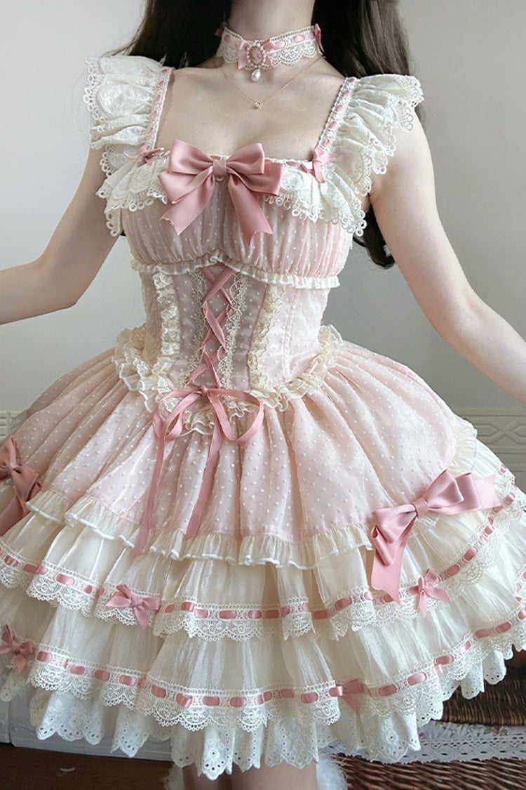 Pink Flory Butterfly Double-Layered Ruffle Bowknot Lace Lace-Up Sweet Ballet Lolita Jsk Dress