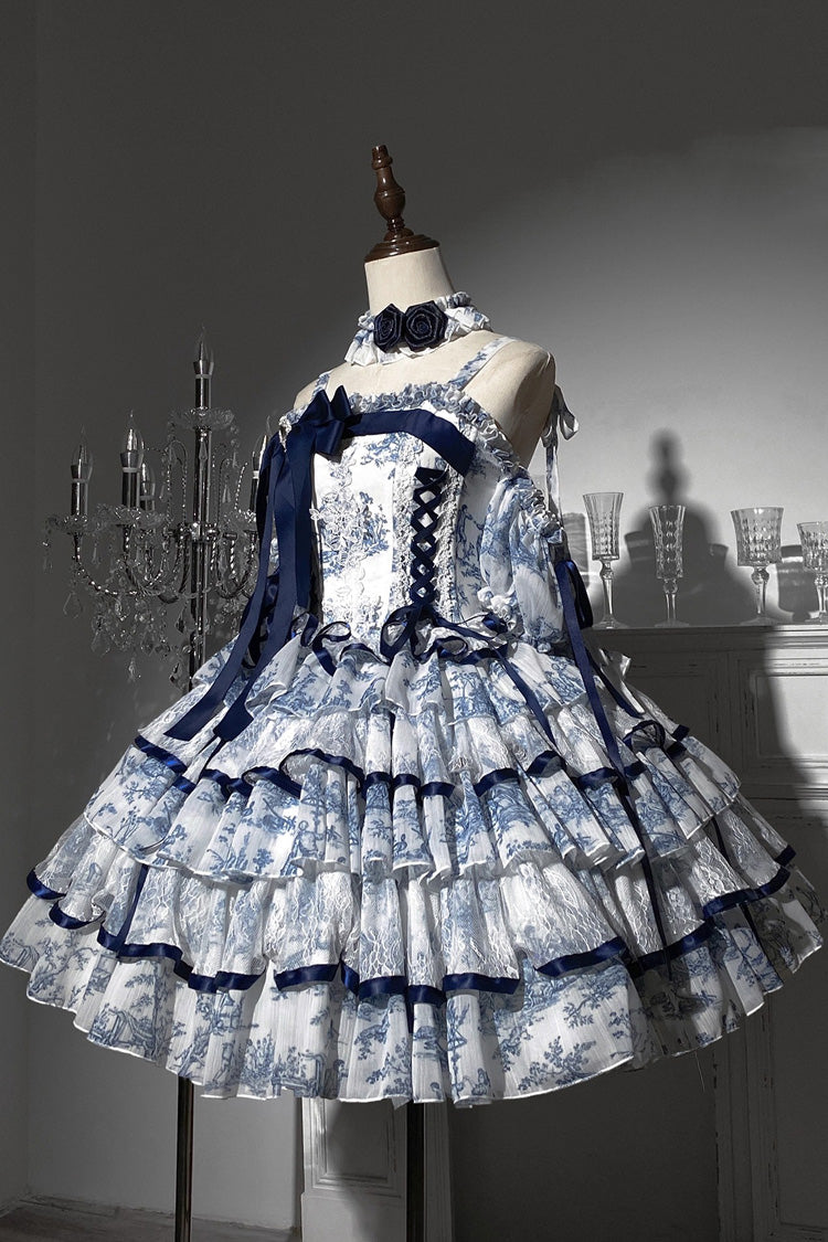 Blue/White Sleeveless Multi-Layered Print Bowknot Fishbone Sweet Classic Chinese Style Lolita Jsk Long Dress