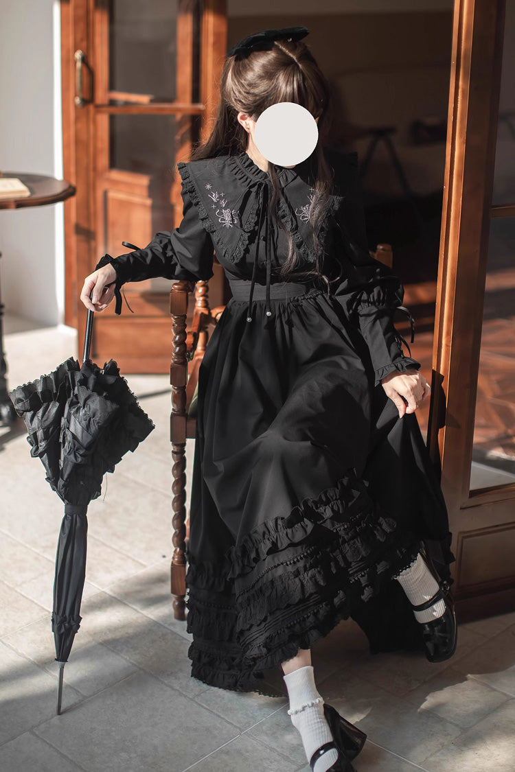 Black Wind Kissed Tulips Long Sleeves Ruffle Embroidery Bowknot Gothic Vintage Elegant Lolita Dress