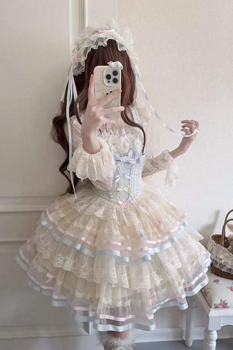 Blue Butterfly Heart Ballet Triple-Layered Ruffle Bowknot Lace Sweet Ballet Lolita Jsk Dress