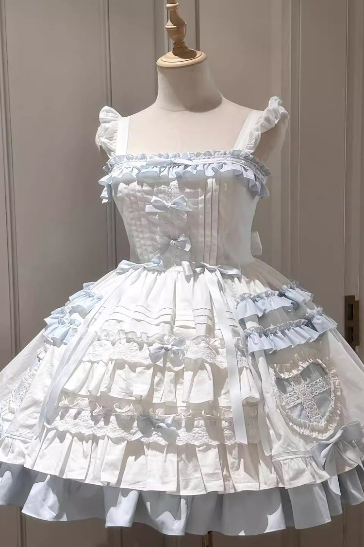 White/Blue Window Dolls Multi-Layered Ruffle Love Bowknot Sweet Princess Lolita Jsk Dress with Cape