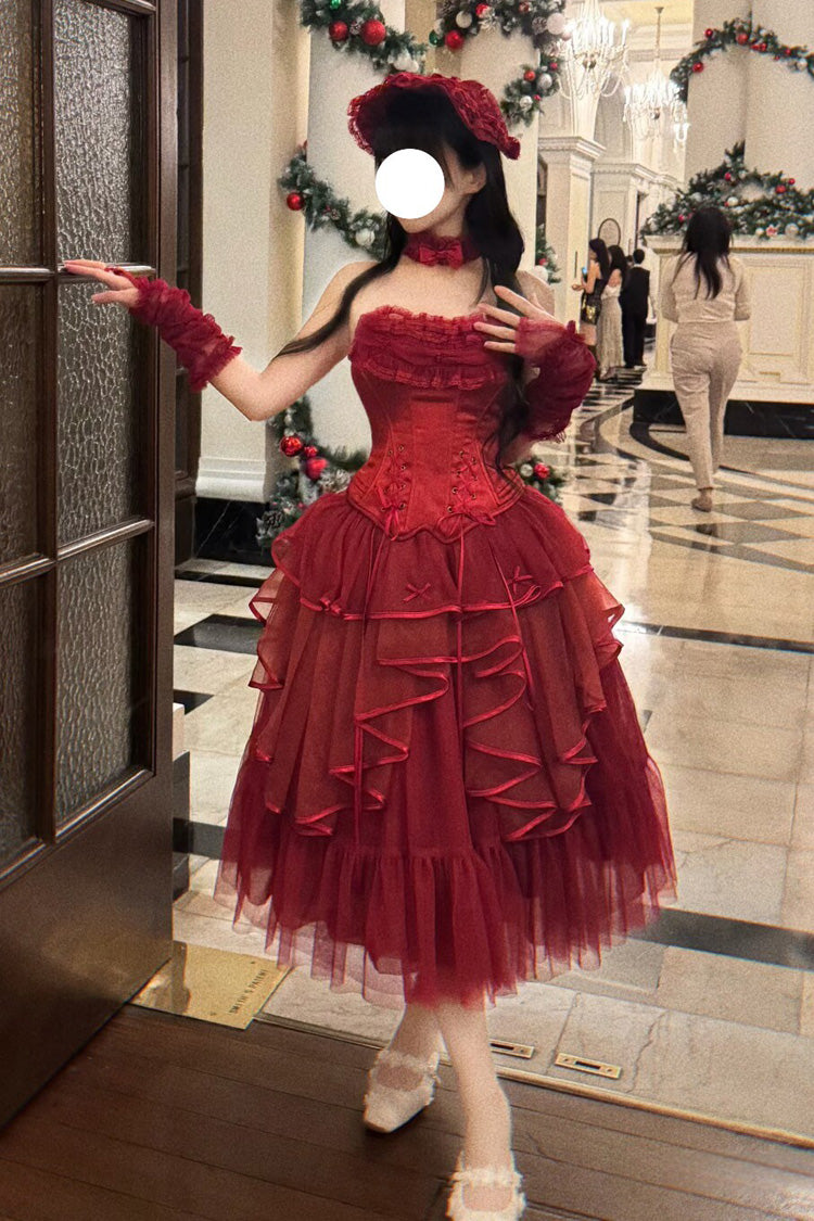 Red The Summer Waves Sparkle Square Collar Sleeveless Multi-Layered Ruffled Bow Lace-Up Slim Classic Lolita Skirt Set