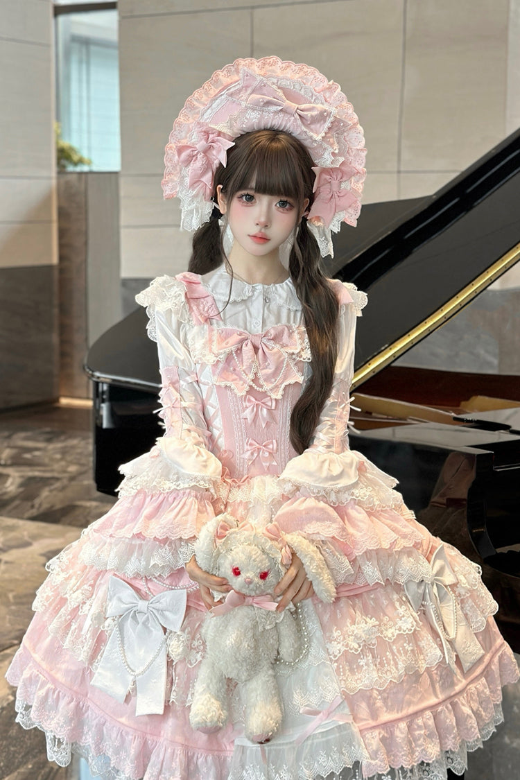 Sakura Love Multi-Layered Jacquard Ruffle Embroidery Cardigan Bowknot Lace Sweet Gorgeous Lolita Jsk Dress 2 Colors