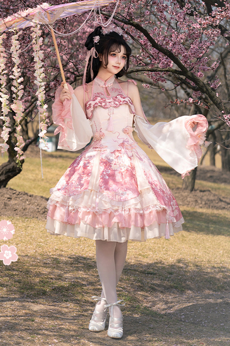 Pink Flower Feast Multi-Layered Print Ruffle Bowknot Sweet Chinese Style Lolita Jsk Dress
