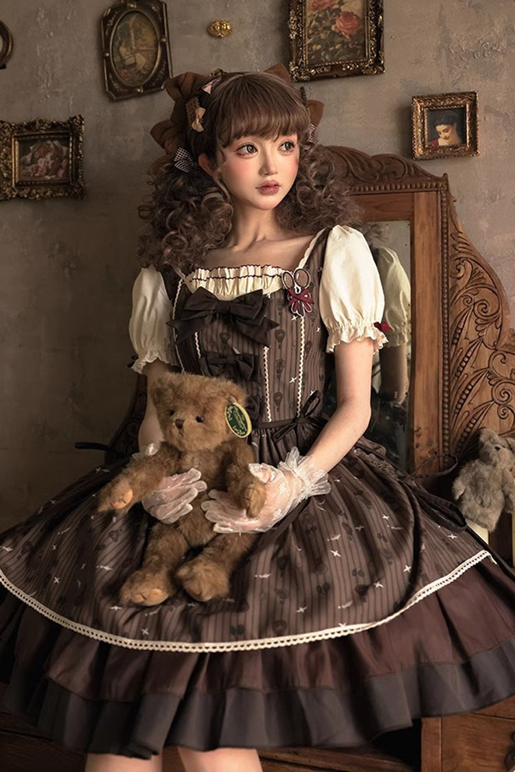 Brown Moro Coco Hot Air Balloon Print Ruffle Bowknot Sweet Elegant Princess Lolita Dress