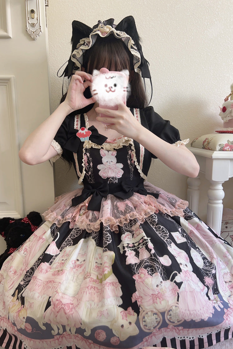 Rabbit Bear Wardrobe Print Ruffle Bowknot Sweet Lolita Dress 3 Colors