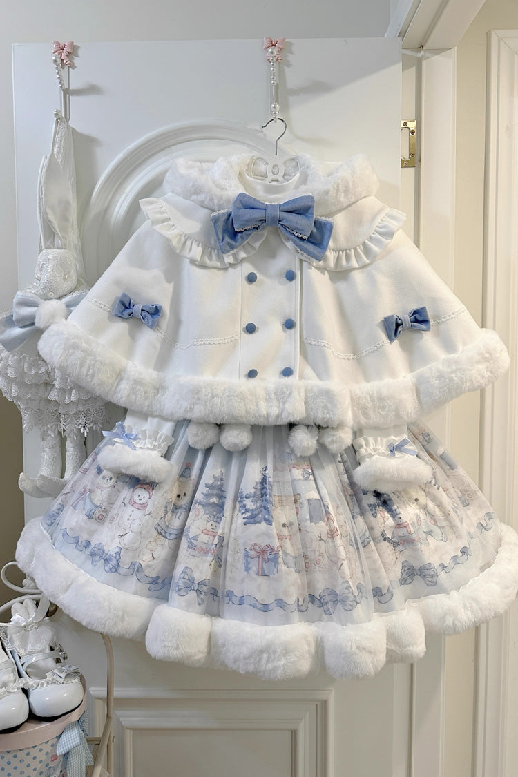 White Winter Fluffy Bea Sleeveless Print Bowknot Sweet Lolita Jsk Dress