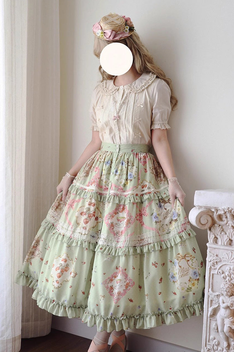 Green Cat Rose Tea Print Ruffle Daily Sweet Lolita Skirt