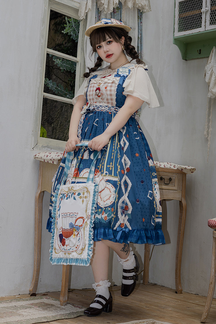 Dark Blue Tea Party Print Ruffle Bowknot Lace Sweet Elegant Lolita Jsk Dress