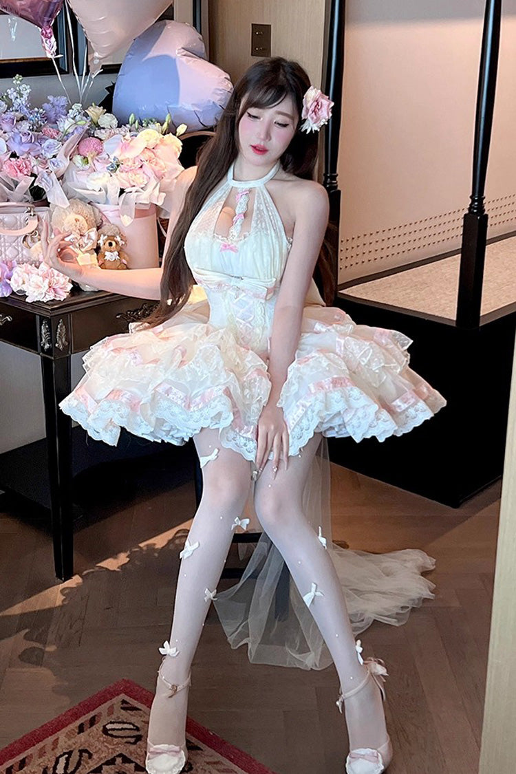 Beige Ballet Dream Halterneck Triple-Layered Ruffle Bowknot Lace-Up Sweet Princess Lolita Dress