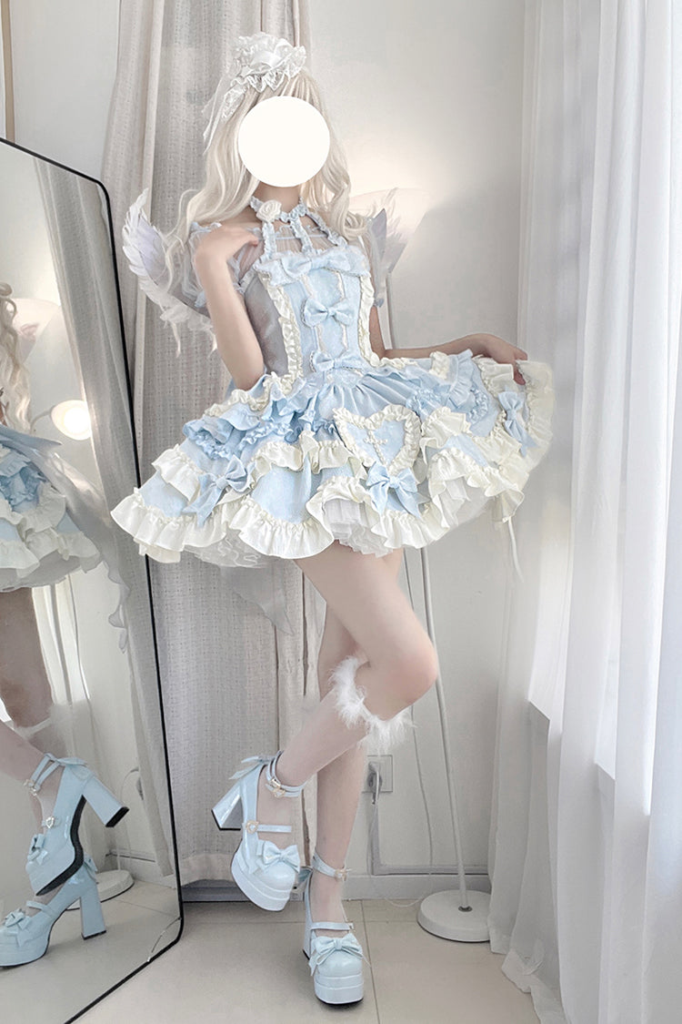 Blue Heart of Butterfly Halterneck Sleeveless Multi-Layered Ruffle Embroidery Princess Ballet Lolita Jsk Dress Set