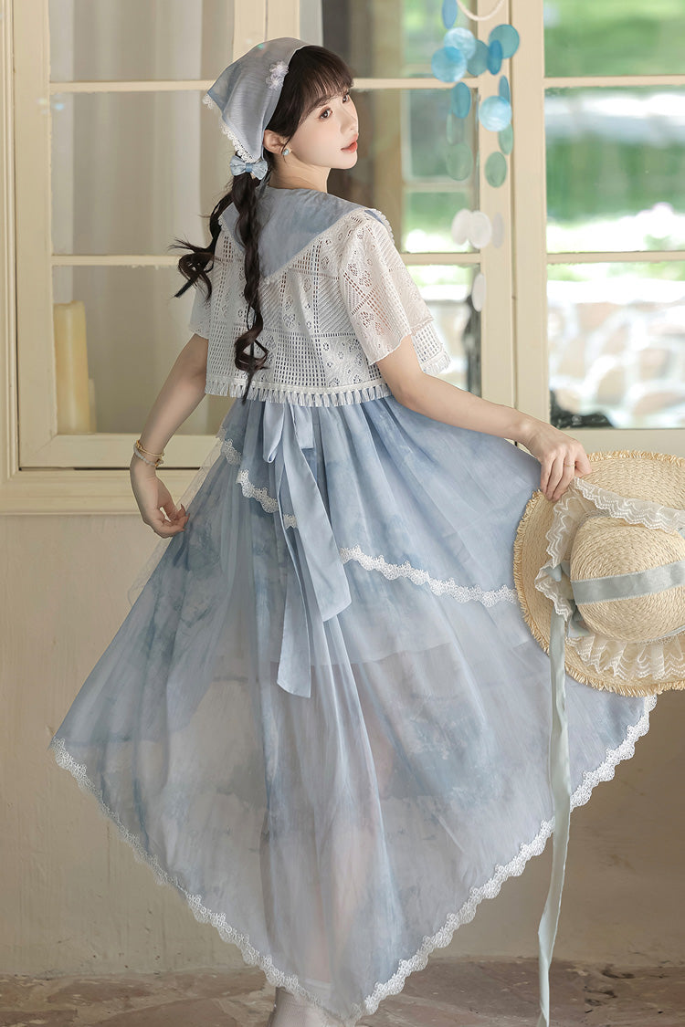 Blue Clouds Resting in the Wilderness Print Ruffle Embroidery Bowknot Lace Irregular Lolita Jsk Dress