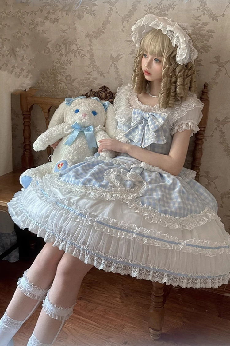 Blue Tea Break Sweetheart Short Sleeves Multi-Layered Plaid Print Ruffle Sweet Lolita Dress