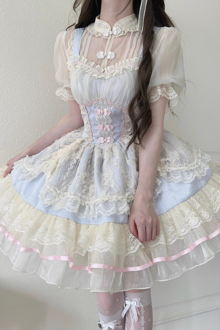 Flower Bud Halterneck Print Ruffle Lace Sweet Chinese Ballet Style Lolita Jsk Dress 3 Colors
