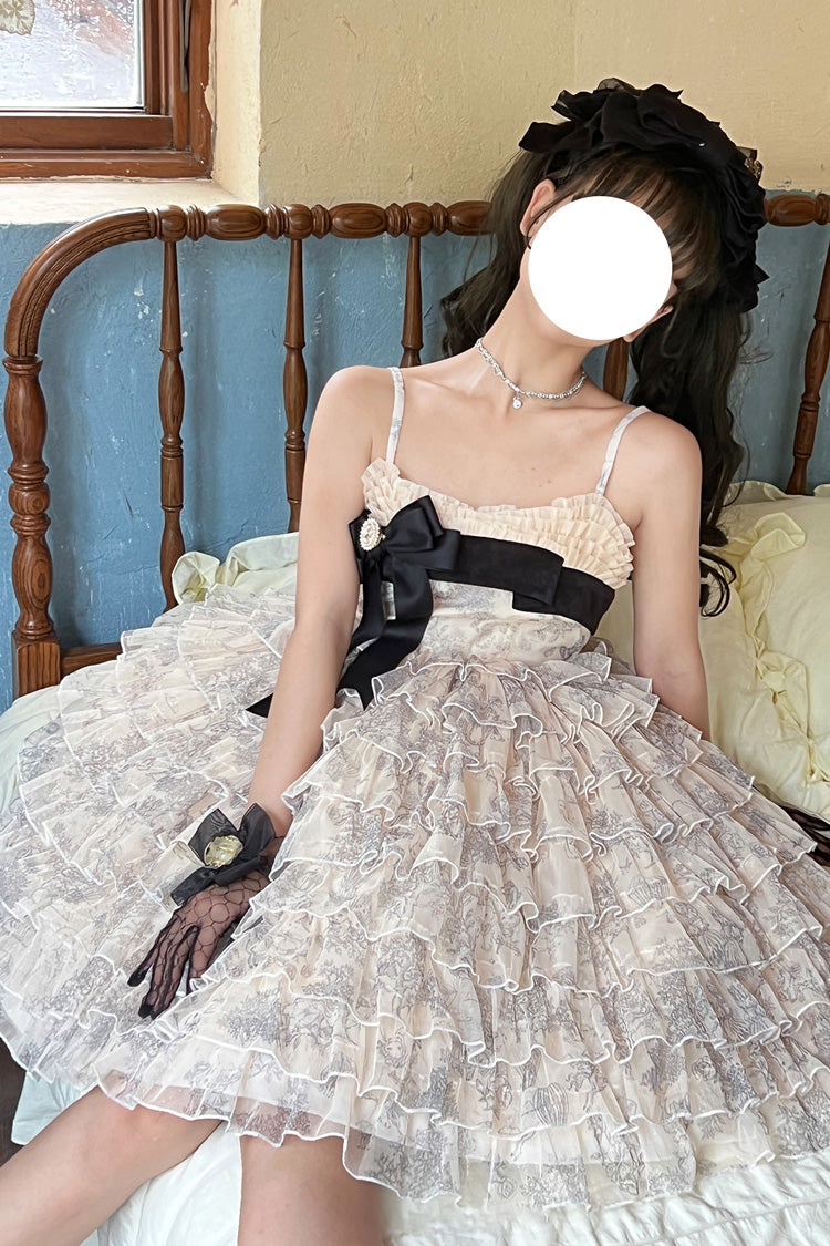Multi-Color Wonderland Travels Multi-Layered Print Ruffle Bowknot Sweet Lolita Tiered Dress